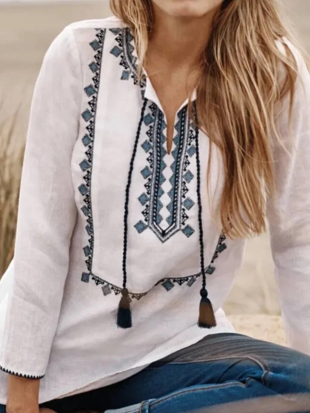 J. Jill Love Linen Embroidered Tunic Top NWT White Blue Boho Coastal 100% Linen